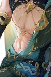 1boy abs alhaitham_(genshin_impact) belly_button big_chest chest clothing genshin_impact lithe luxurious_chest male male_only muscular muscular_male nipples pecs revealing_clothes slim_waist solo rating:Explicit score:272 user:latimeria