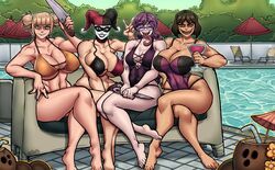 2d 4girls batman_(series) bikini black_hair blonde_female blonde_hair breasts castleart clown coconut_drink couch crazy_eyes crossover danganronpa dc dc_comics drinks eastern_and_western_character feet female female_only fukawa_touko genocider_shou glasses harley_quinn himiko_toga jester_cap knife mileena mortal_kombat mortal_kombat_11 multiple_girls my_hero_academia netherrealm_studios pale_skin pool purple_hair scissors sharp_teeth smiling_at_viewer straight_hair sunbathing swimming_pool tan_skin tarkatan thighs toes tongue_out umbrella water yandere yellow_eyes rating:Questionable score:225 user:toprockz