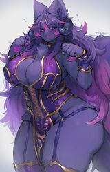 animal_ears anthro anthro_only big_breasts blush breasts cat_pose cleavage clothing curves curvy demon_horns female fur furry furry_breasts furry_ears furry_female furry_only furry_tail furry_thighs heart hips horn horns huge_breasts large_breasts purple_eyes purple_fur rein_d'ariette solo suurin_(ksyaro) tail thick thick_thighs violet_eyes wide_hips rating:Questionable score:94 user:Fumeknight1