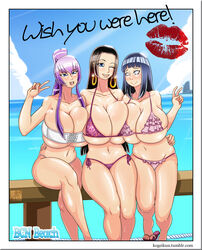 2022 3girls absurdres arm_up asymmetrical_docking beach big_breasts bikini black_hair blue_eyes boa_hancock breast_docking breast_press breasts byakugan crossed_legs crossover ear_piercing female female_only flip_flops footwear highres highschool_of_the_dead huge_breasts hyuuga_hinata kogeikun large_breasts long_hair looking_at_viewer multiple_girls naked_footwear naruto naruto_(series) naruto_shippuden one_eye_closed one_piece open_mouth outdoors partially_undressed piercing ponytail purple_hair saeko_busujima shounen_jump sitting smile swimsuit top_heavy v voluptuous rating:Questionable score:200 user:Inthedark