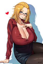 1girls artist_name artist_signature bangs_pinned_back black-framed_eyewear black-framed_glasses black_frame_glasses black_pantyhose blonde_eyebrows blonde_female blouse blush blushing_at_viewer borrowed_character breasts brown_pantyhose bursting_breasts cleavage collarbone collared_shirt curvaceous enormous_breasts eye_contact eyelashes eyeliner female female_only framed_eyewear glasses heart hi_res high_resolution highres huge_breasts inne_sulistya_robin lingerie lipstick long_hair looking_at_viewer makeup massive_breasts original panties panties_under_pantyhose pantyhose pantyshot pantyshot_(sitting) partially_unbuttoned pencil_skirt plain_background plunging_neckline red_heart red_lips red_lipstick red_panties red_shirt seductive seductive_eyes seductive_look shirt short_hair simple_background sitting skirt solo solo_female thick_thighs unbuttoned unbuttoned_shirt underwear uyzoc voluptuous voluptuous_female white_background yokozuwari rating:Explicit score:189 user:ron50