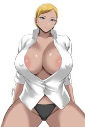 1girls absurd_res android areola_slip areolae artist_name big_breasts blonde_female blonde_hair blouse breasts buttons cleavage clothing collarbone commission curvy eyelashes eyeliner female female_focus female_only hair_bun huge_breasts humanoid japanese_text large_breasts lips lipstick long_sleeves looking_at_viewer makeup nipple_bulge nipples nipples_visible_through_clothing no_bra panties pink_lipstick pinup revealing_clothes robot robot_girl rolled_up_sleeves seductive shibusun shiny_skin shirt signature simple_background skimpy smile solo solo_female spread_legs swept_bangs t-x tan_skin terminator terminator_3:_rise_of_the_machines text thick_thighs thighs tied_hair underwear voluptuous white_background rating:Questionable score:112 user:ZappaTrappa