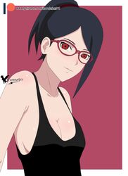 1girls aged_up agung911 alternate_breast_size alternate_eye_color alternate_hairstyle big_breasts black_hair boruto:_naruto_next_generations breasts cleavage eyewear female female_focus female_only glasses looking_at_viewer megane naruto naruto_(series) no_bra ponytail red-framed_glasses red_eyes sarada_uchiha sharingan shirt shounen_jump sleeveless sleeveless_shirt smile solo solo_female solo_focus tank_top tied_hair upper_body rating:Safe score:173 user:2BHonestWU