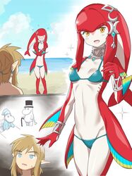 1boy 1girls beach bikini blonde_hair blue_bikini blue_eyes blue_swimsuit bracelet breasts breath_of_the_wild cloud female female_zora fish_girl link mipha monbetsu_kuniharu necklace nervous nintendo ponytail sky small_breasts swimsuit the_legend_of_zelda water yellow_eyes zora rating:Explicit score:126 user:gusat