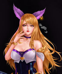 82jhin 9_tails ahri alternate_costume alternate_hair_color alternate_hairstyle animal_ear_fluff animal_ears animal_girl big_breasts blonde_hair breasts busty cleavage clothing crystal_tail eyelashes eyeliner eyeshadow facial_markings female fluffy fluffy_ears fox fox_ears fox_girl fox_tail humanoid inner_ear_fluff k/da_ahri k/da_series kemonomimi kitsune large_breasts league_of_legends light-skinned_female light_skin long_hair multiple_tails nine_tailed_fox pale-skinned_female pale_skin riot_games tail vastaya video_games yellow_eyes rating:Explicit score:18 user:LewdVesani