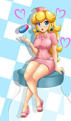 1girls 2017 :o absurd_res bare_arms bare_legs blonde_hair blue_eyes blush bottle breasts checkered checkered_background clothed clothing covered_navel crossed_legs dr._mario_(series) dress earrings eyebrows_visible_through_hair feet female female_only full_body hat heart heart-shaped_pupils highres jar jewelry large_breasts leonart long_hair looking_at_viewer mario_(series) nail_polish nintendo nipple_bulge nurse nurse_cap nurse_peach nurse_uniform open_mouth panties pantyshot pantyshot_(sitting) pencil_dress pill pink_dress pink_nails princess_peach redraw sandals shadow shoes short_dress sigurdhosenfeld simple_background solo thighs tight_clothing toes tongue underwear uniform white_panties rating:Questionable score:53 user:Blookryynnn