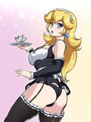 ass black_garter_straps black_panties blonde_female blonde_hair blue_eyes breasts crossover cuphead cuphead_(game) earrings enmaided female garter_straps holding_plate leonart long_hair maid maid_headdress maid_uniform mario_(series) medium_breasts nintendo panties plate princess_peach thighhighs rating:Explicit score:73 user:gusat