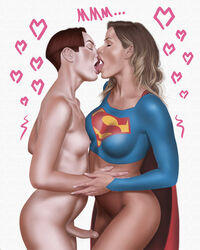  1boy 1girls barista blonde_hair bottomless dc dc_comics femboy kara_danvers kara_zor-el kerotic kissing kryptonian light-skinned_female light-skinned_male light_skin penis supergirl superman_(series) tongue_kiss  rating:explicit score: user:tronitrus