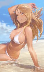 bare_arms bare_legs bare_midriff bare_shoulders barefoot beach beauty_mark blonde_female blonde_hair breasts cleavage cloud dark-skinned_female dark_skin female_only front_view kinta_(distortion) large_breasts long_hair looking_at_viewer necklace nipple_bulge sky smile tagme tan_skin tanline tanned_skin water wet wet_hair wet_skin white_bikini yellow_eyes rating:Questionable score:107 user:CalZone