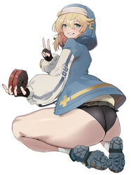 1boy androgynous big_ass big_butt blonde_hair blue_eyes bridget bridget_grin eye_contact fingernails gloves guilty_gear guilty_gear_strive kataku_musou long_hair looking_at_viewer male male_only miniskirt peace_sign skirt smile solo solo_male thick_thighs thighs rating:Questionable score:150 user:Thebuki