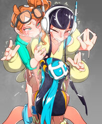 3girls black_hair blue_hair clothed clothing cunnilingus dark-skinned_female dark_skin eating_pussy elesa_(pokemon) elesa_(pokemon_bw2) game_freak glasses glasses_on_head head_ornament interracial light-skinned_female light_skin nessa_(pokemon) nintendo orange_hair partially_clothed pokemon pokemon_(game) pokemon_bw2 pokemon_ss sonia_(pokemon) sweat sweatdrop sweating tagme two_tone_hair yuri yuuri_splatoon rating:Explicit score:210 user:not-kanye