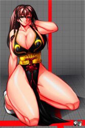 alternate_costume alternate_hairstyle bare_shoulders black_dress breasts brown_eyes brown_hair capcom china_dress chinese_clothes chun-li cleavage covered_erect_nipples dress female huge_breasts jadenkaiba looking_at_viewer no_bra no_panties smile solo street_fighter street_fighter_v thick_thighs thighs training_stage rating:Questionable score:32 user:woomius