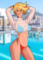 1girls alternate_version_available bikini blonde_female blonde_hair blue_eyes cleavage dc dc_comics female female_only fit_female hands_behind_head karen_starr kryptonian large_breasts looking_at_viewer minko poolside power_girl see-through_shirt short_hair solo swimsuit rating:Questionable score:85 user:TheKindHaremMaster