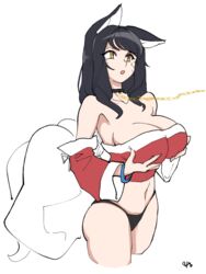 2022 ahri animal_ears black_hair black_panties breast_grab breasts cleavage collar detached_sleeves facial_markings fox_ears fox_tail holding_breasts large_breasts league_of_legends leash multiple_tails navel no_pants okdam panties riot_games standing sweat tagme tail yellow_eyes rating:Questionable score:79 user:AbsoluteTerritory