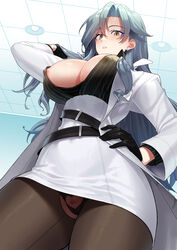 1girls areola_slip azur_lane belt big_breasts black_gloves black_hair black_shirt blouse breasts chkalov_(azur_lane) cleavage clitoris clothing_cutout coat covered_nipples crotchless crotchless_pantyhose earrings eyelashes eyeliner female female_only female_pubic_hair from_below gloves green_eyes hand_in_own_hair hand_on_hip hi_res high-waist_skirt highres labcoat light-skinned_female light_skin lingerie lipstick long_hair makeup mole nipples nipples_visible_through_clothing no_bra northern_parliament_(azur_lane) open_clothes open_shirt panties panty_peek pantyhose pencil_skirt pubic_hair pussy shirt shirt_tucked_in skirt solo striped striped_shirt supurai underwear vertical-striped_shirt vertical_stripes white_coat rating:Explicit score:138 user:bot