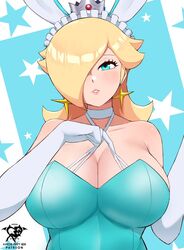 1girls blonde_hair blue_eyes breasts bunnysuit cleavage clothed clothing crown earrings elbow_gloves female female_only gloves hair_over_one_eye kaos_art maid_headdress mario_(series) nintendo princess_rosalina solo super_mario_galaxy white_gloves yellow_hair rating:Questionable score:219 user:Plongus