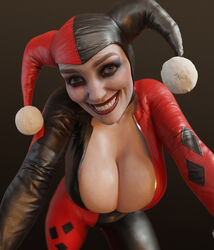 1girls 2022 3d absurd_res batesz batman_(series) big_breasts blue_eyes bodysuit cleavage crazy_smile dc dc_comics eyelashes eyeshadow female female_only harley_quinn harley_quinn_(classic) hi_res human injustice_2 jester_cap large_breasts light-skinned_female light_skin lipstick looking_at_viewer makeup smile solo teeth rating:Questionable score:475 user:WatchTheLanguage