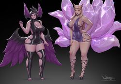 2girls ahri animal_ears blonde_female breasts cleavage clothing duo female female_only fully_clothed high_heels k/da_ahri k/da_series kemonomimi large_breasts league_of_legends morgana pinkdrawz platform_heels revealing_clothes skin_tight skindentation slutty_outfit standing strappy_heels thick_thighs voluptuous wide_hips rating:Explicit score:180 user:Fried_Pear