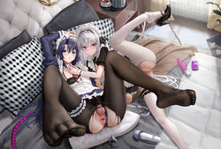 1boy 1girls absurdres anal anal_beads antenna_hair anus black_footwear black_pantyhose bulge buttplug closed_mouth crossdressing dildo dress erection erection_under_clothes feet female femboy foot_focus gaping gaping_anus girly grey_hair hair_between_eyes high_heels highres hitachi_magic_wand holding_hands indoors interlocked_fingers juliet_sleeves kokura_asahi large_buttplug leg_up long_hair long_sleeves looking_at_viewer lying maid maid_headdress male nipples no_shoes on_back on_bed otoko_no_ko pantyhose parted_lips penis pillow puffy_short_sleeves puffy_sleeves purple_eyes purple_hair pussy red_eyes sakurakouji_luna sex_toy shoes short_sleeves smile testicles toes torn_clothes torn_legwear trap tsuki_ni_yorisou_otome_no_sahou uncensored vibrator white_pantyhose yuebaihezi rating:Explicit score:220 user:bot