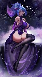 1girls akali big_breasts dress high_heels league_of_legends merellyne purple_hair riot_games solo star_guardian_akali star_guardian_series stockings thick_thighs rating:Questionable score:199 user:AkalisTummy