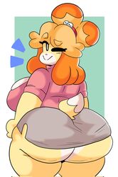 1girls 2d animal_crossing anthro ass ass_focus big_ass big_breasts big_butt bottomless bottomless_skirt breasts bubble_butt cleavage clothed clothing dork_boi female female_only furry furry_only isabelle_(animal_crossing) large_ass large_breasts lewd_dorky looking_at_viewer looking_back nintendo office_lady one_eye_closed simple_background skirt smile solo solo_female thick_thighs upskirt voluptuous wide_hips wink rating:Questionable score:132 user:Lunacy