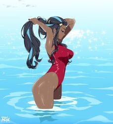 1girls armpits arms_behind_head black_hair blue_hair breasts closed_eyes dark-skinned_female earrings female gym_leader highleg highleg_swimsuit highres jewelry long_hair nessa_(pokemon) nintendo one_piece_swimsuit pokemon pokemon_ss r3dfive sleeveless solo swimsuit two_tone_hair water wet rating:Questionable score:183 user:boredtiger96