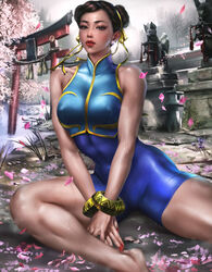 1girls 2022 alternate_version_available asian asian_female barefoot brown_eyes brown_hair capcom cherry_blossoms chun-li feet_out_of_frame female female_only fully_clothed logan_cure looking_at_viewer post_workout realistic shorts solo street_fighter street_fighter_6 sweat thick_thighs rating:Safe score:80 user:HMS091189