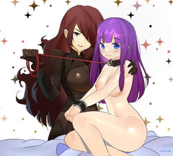 2girls blue_eyes bodysuit breasts brown_eyes brown_hair collar dominatrix femdom femsub gloves hair_over_one_eye hand_on_shoulder holding_leash large_breasts leash lipstick long_hair lucy_dyne lumpychan medium_breasts mitsuru_kirijo mole_under_eye navel nipples nude_female persona persona_3 purple_hair slave wrist_cuffs yuri rating:Explicit score:77 user:gusat