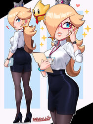 1girls ass ass_in_dress blonde_female blonde_hair blue_bracelet blue_eyes bracelet breasts crown earrings eyelashes female female_only folder fully_clothed glasses hair_over_one_eye high_heels holding_folder lanyard large_breasts luma mario_(series) name_tag necktie nintendo office_lady open_collar painted_fingernails pantyhose pencil_skirt princess_rosalina sarukaiwolf secretary shirt skirt solo watch white_shirt wristwatch rating:Safe score:262 user:gusat