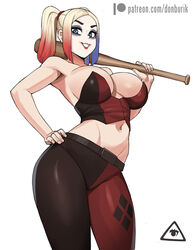 1girls bat batman_(series) belly belly_button big_breasts blonde_female blonde_hair breasts busty clown clown_girl clown_makeup colored_hair comics curvaceous curves curvy curvy_female curvy_figure curvy_hips dc dc_comics donburikazoku female female_only hand_on_hip harley_quinn hips holding_bat holding_weapon large_breasts lipstick makeup midriff pigtails thick thick_legs thick_thighs thighs tight_clothing tummy twintails white_background wide_hips rating:Explicit score:291 user:Fumeknight1