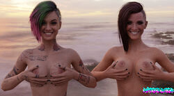 2girls 3d absurd_res artist_logo beach big_breasts blender breasts cd_projekt_red creepy_smile cyberpunk_2077 duo female female_only grabbing_breasts green_hair hi_res judy_alvarez masterbeta nipples pink_hair sea smiling_at_viewer squeezing_breast standing two_tone_hair v_(cyberpunk_2077) valerie_(cyberpunk_2077) water watermark rating:Explicit score:3 user:MasterBeta