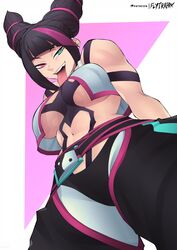 1girls bangs black_hair blunt_bangs capcom female female_only flytrapxx green_eyes hair_horns heterochromia hi_res juri_han light-skinned_female light_skin looking_at_viewer narrowed_eyes open_mouth pink_eyes pink_highlights smiling smiling_at_viewer solo solo_female street_fighter street_fighter_6 tongue_out twintails viewed_from_below voluptuous rating:Questionable score:126 user:!nner$elf89