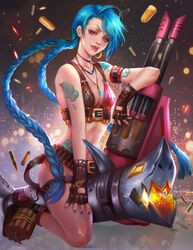 1girls armwear belt blue_hair fan_yang female female_only firearm footwear handwear human jinx_(league_of_legends) kneeling league_of_legends light-skinned_female midriff painting_(artwork) pale_skin thick_thighs tongue_out weapon rating:Questionable score:51 user:deleted8074