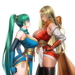 2girls absurdres alternate_costume blonde_female blonde_hair boots breasts brown_scarf commission dark-skinned_female dark_skin elbow_gloves female female_only fingerless_gloves fire_emblem fire_emblem:_the_binding_blade fire_emblem:_the_blazing_blade fire_emblem_heroes gloves green_eyes green_hair highres igrene_(fire_emblem) igrene_(ninja)_(fire_emblem) large_breasts long_hair looking_at_another lyn_(fire_emblem) lyn_(ninja)_(fire_emblem) mole mole_under_eye multiple_girls ninja nintendo non-web_source official_alternate_costume pelvic_curtain ponytail scarf shizuko_hideyoshi smile thigh_boots thighhighs thighs very_long_hair yellow_eyes rating:Questionable score:81 user:kris923