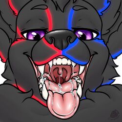  anthro furry glowing_wolf grey_fur looking_at_viewer lucidium maw mouth open_mouth purple_eyes saliva shinyumbra teeth tongue umbra vore wolf  rating:questionable score: user:gonkevlol