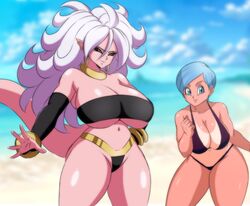 1girls 2girls android_21 beach blue_eyes blue_hair breasts bulma_briefs cleavage darwaarts dragon_ball dragon_ball_fighterz dragon_ball_z female female_only huge_breasts large_breasts majin_android_21 pink_skin shounen_jump swimsuit rating:Questionable score:121 user:WatchTheLanguage