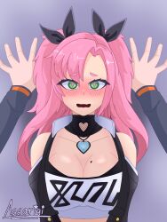  1girls assarigi blush blushing_at_viewer breasts female female_only green_eyes huge_breasts human light-skinned_female light_skin looking_at_viewer necklace nervous nicole_demara pink_hair twintails wise_(zenless_zone_zero) zenless_zone_zero  rating:questionable score: user:bot