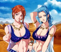 2022 2girls abs alabasta arm_band big_breasts blue_hair blue_sky breasts cleavage clouds dancer_outfit desert exposed_midriff female female_only jewelry kerana_art log_pose long_hair midriff muscular muscular_female nami necklace nefertari_vivi one_piece orange_hair ponytail posing pre-timeskip pre_timeskip seductive short_hair shounen_jump tagme tied_hair toned toned_female rating:Questionable score:319 user:lespam_605