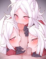 1boy 3girls ahoge animal_ears ball_sucking cerberus_(helltaker) collaborative_fellatio fellatio female_focus gloves handjob helltaker just_the_tip long_hair male_pov multiple_girls penis pink_eyes pubic_hair red_eyes teamwork triple_fellatio uncensored waero white_hair rating:Explicit score:1034 user:Eww122359