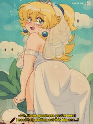 1girls asking_for_help ass bent_knees big_ass big_butt blonde_female blonde_hair blue_eyes bluethebone blush blush_lines breasts bride butt_focus clouds curvy dat_ass daytime dialogue dress earrings english_dialogue english_text headwear knees_bent legs long_hair looking_back mario_(series) nintendo open_mouth outdoors outside ponytail princess princess_peach pulling rear_view retro_artstyle solo solo_focus super_mario_bros._2 super_mario_odyssey sweat sweatdrop text thick_ass thick_thighs thighs turnip wedding_band wedding_dress wedding_peach_(super_mario_odyssey) wedding_veil rating:Questionable score:247 user:deleted8290