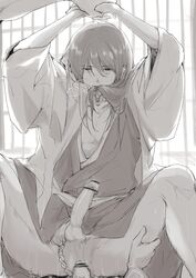 2boys anal anal_sex arms_up breath censored clothed_sex erection fundoshi fundoshi_aside gay gintama gintoki_sakata hair_in_mouth haori katsura_kotarou kimono long_hair_male looking_at_viewer male male_only male_pov mew_(pixiv) monochrome motion_lines penis pov spread_legs yaoi rating:Explicit score:20 user:deleted101928