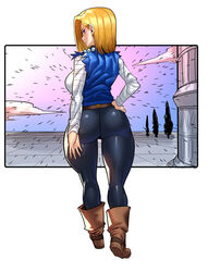 1girls android_18 big_breasts blonde_female blonde_hair dragon_ball gamjasssak large_breasts muscular_female rating:Explicit score:75 user:Cranium2.0