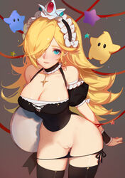 absurdres apron ass_visible_through_thighs bare_shoulders blonde_female blonde_hair blue_eyes blush breasts choker cleavage cowboy_shot crown earrings female flipped_hair hair_over_one_eye highres jewelry large_breasts leaning_forward long_hair looking_at_viewer luma maid maid_headdress mario_(series) paid_reward panties parted_lips patreon_reward princess_rosalina pussy side-tie_panties simple_background smile solo songjikyo standing star_(symbol) super_mario_galaxy thighhighs tray uncensored underwear waist_apron wrist_cuffs rating:Explicit score:94 user:Doctorvalmont