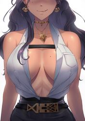 1girls absurdres artist_name belt big_breasts biting biting_lip black_belt black_hair black_skirt blouse breasts cleavage collar collared_shirt commentary dark-skinned_female dark_skin earrings english_commentary female female_only head_out_of_frame highres jewelry large_breasts long_hair mole mole_on_breast mole_under_eye myth1c necklace nijisanji nijisanji_en nipples nipples_visible_through_clothing no_bra open_clothes open_shirt scarle_yonaguni shirt simple_background skirt solo upper_body virtual_youtuber wavy_hair white_background white_shirt rating:Explicit score:397 user:monkaTOS1979