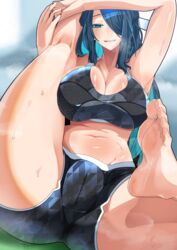 azuma_fubuki barefoot blue_eyes blue_hair bra breasts cleavage feet female female female_only hair_over_one_eye kneepits large_breasts light-skinned light-skinned_female long_hair mato_seihei_no_slave milf riseplumberclub soles solo sports_bra spread_legs stretch toes rating:Questionable score:148 user:LukeTikTok