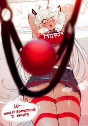 abs athletic_female ball_gag bondage breasts character_request collar crop_top ehrrr english_text female fit_female fox_ears fox_girl gag gag_bondage holding_gag holding_rope large_breasts legs_tied long_twintails navel open_mouth original rope rope_bondage skirt text twintails white_hair yellow_eyes rating:Explicit score:190 user:gusat