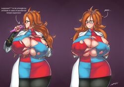 1girls android_21 android_21_(human) areola areola_slip areolae big_breasts blue_eyes blush breast_expansion breasts cleavage clothed clothing dialogue dragon_ball dragon_ball_fighterz drinking ear_piercing earrings english_text female female_only glasses holding_breast huge_breasts lapotato8 nipple_bulge open_mouth ring ripped_clothes ripped_clothing shounen_jump simple_background solo solo_female text thick_thighs voluptuous wide_hips rating:Explicit score:128 user:Lunacy