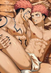 2boys abs arm_tattoo balls bara chest_tattoo clenched_teeth duo duo_focus erection facial_mark facial_tattoo fundoshi gay highres imminent_anal imminent_penetration incest itadori_yuuji japanese_clothes jujutsu_kaisen looking_at_another male male_focus male_only mosilll multi_eye multiple_boys muscular muscular_male navel nipples pectorals penis pink_hair ryoumen_sukuna_(jujutsu_kaisen) see-through short_hair tattoo teeth twitter_username undercut yaoi rating:Explicit score:139 user:bot