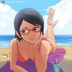 1girls ass ass barefoot beach bikini bikini_bottom bikini_top black_eyes black_hair boruto:_naruto_next_generations breasts close-up erect_nipples erect_nipples_under_clothes feet feet_up foot_fetish glasses legs_up light-skinned_female light_skin lips lipstick looking_away looking_to_the_side makeup naruto naruto_(series) nipple_bulge ocean on_front on_stomach outdoors outside perky_breasts pink_bikini pink_lips pink_lipstick pink_panties pink_swimsuit sarada_uchiha short_hair shounen_jump small_breasts smile smiling soles sweat sweatdrop sweating swimsuit toes uchihaniray rating:Questionable score:198 user:DarksideRose