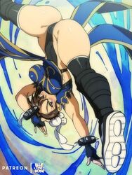 alternate_costume bluethebone blush breasts brown_eyes brown_hair chun-li looking_at_viewer official_alternate_costume open_mouth retro_artstyle street_fighter upside-down rating:Explicit score:102 user:McAltAccount